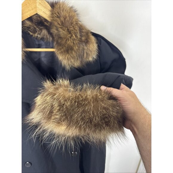 Vintage 80s Women’s L Black Wool Coat Real Fur Collar Cuffs Shoulder Pads - Picture 2 of 9
